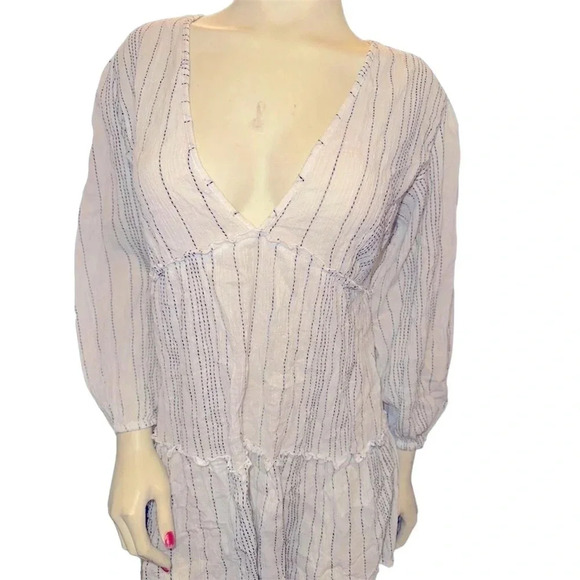 Blue Island Boho Beach Cover-Up Dress White Striped V-Neck Long Sleeve Large - Picture 11 of 11